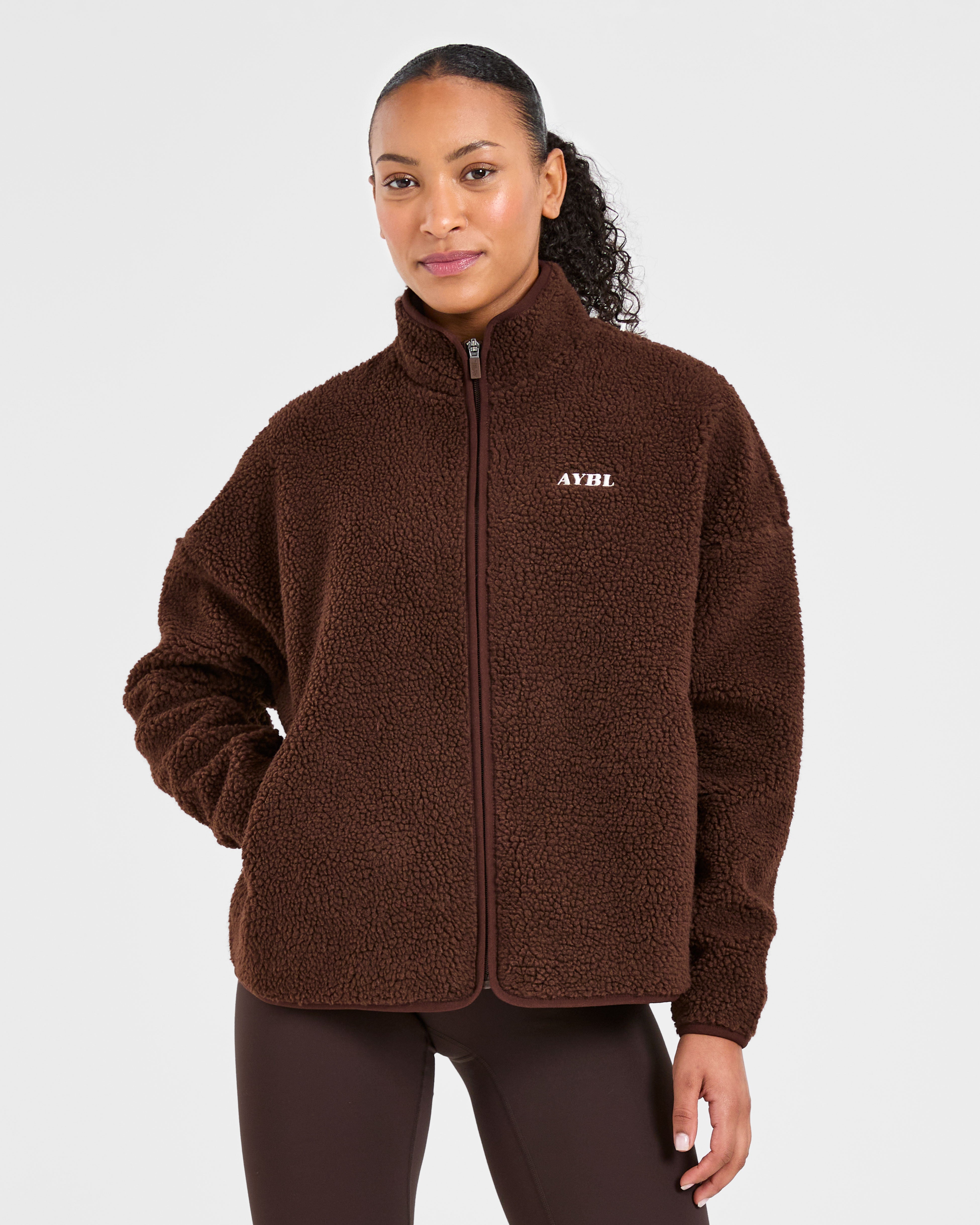Oversized Zip Up Fleece Jacket - Brown
