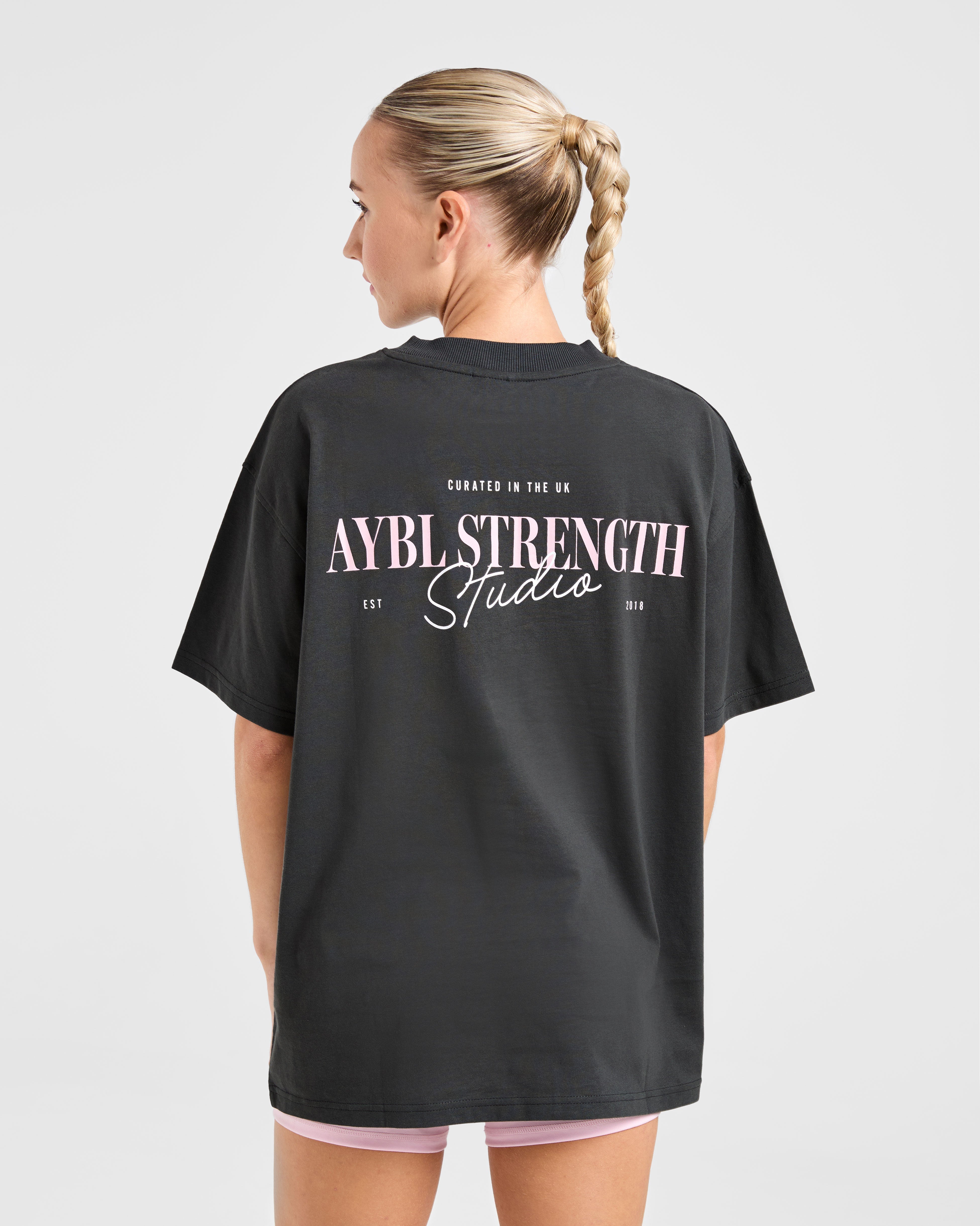 AYBL Strength Studio Oversized T Shirt - Charcoal/Pink