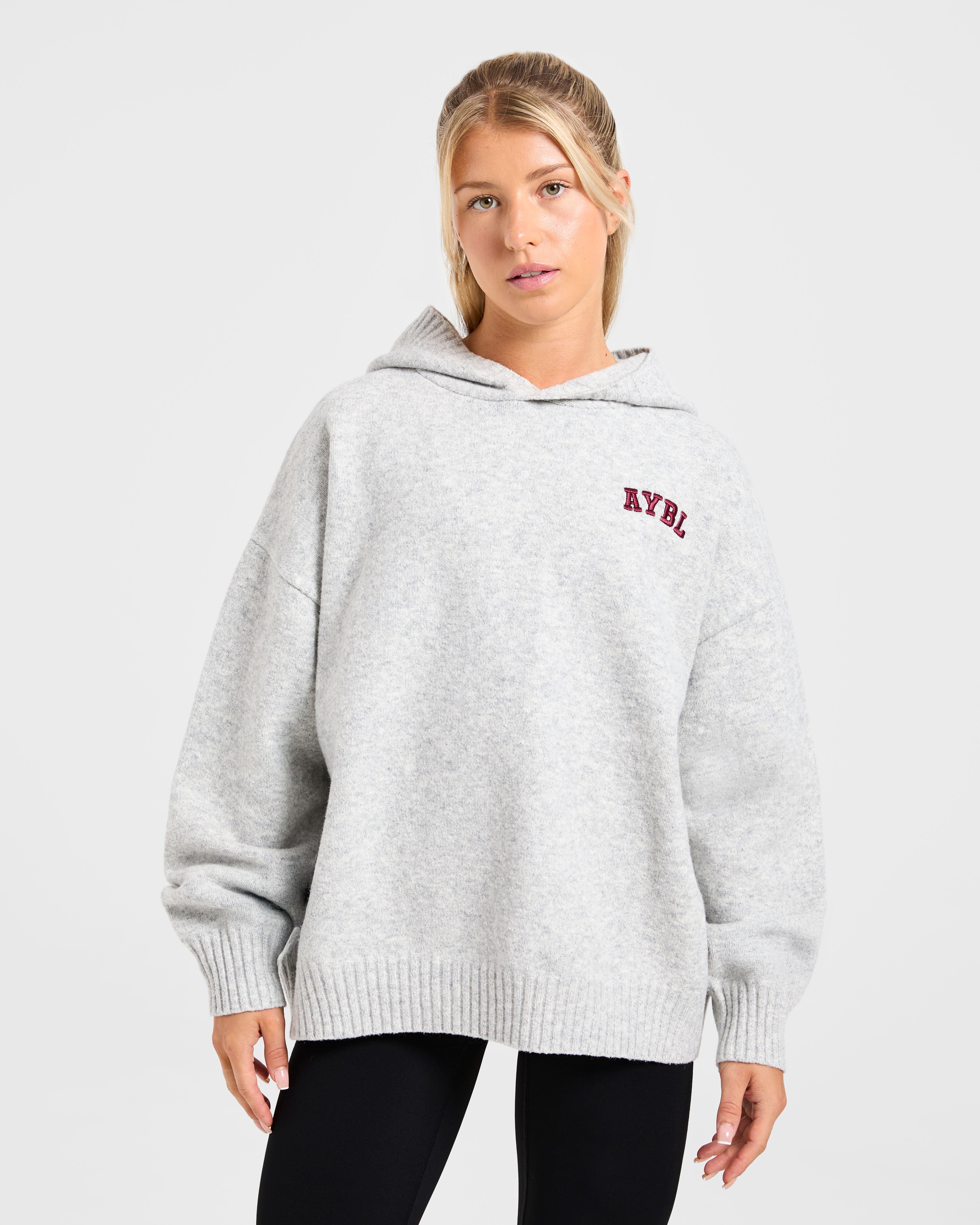 Varsity Minimal Logo Oversized Knitted Hoodie - Grey Marl/Burgundy
