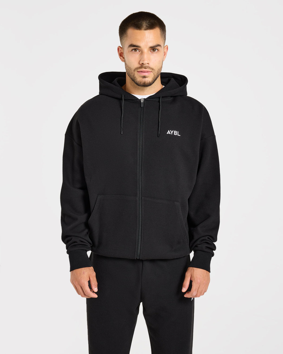 Waffle Oversized Full Zip Hoodie - Black
