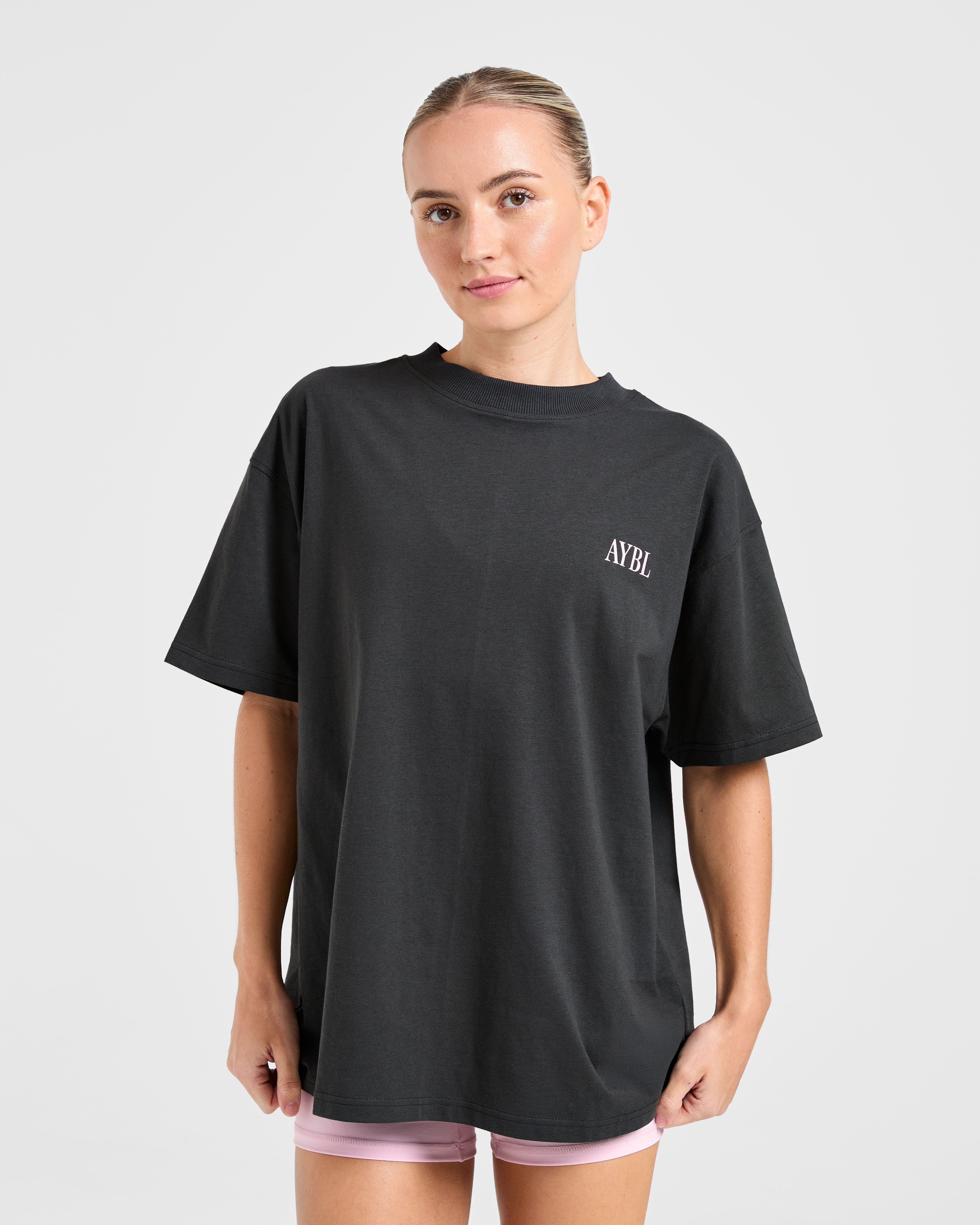 AYBL Strength Studio Oversized T Shirt - Charcoal/Pink
