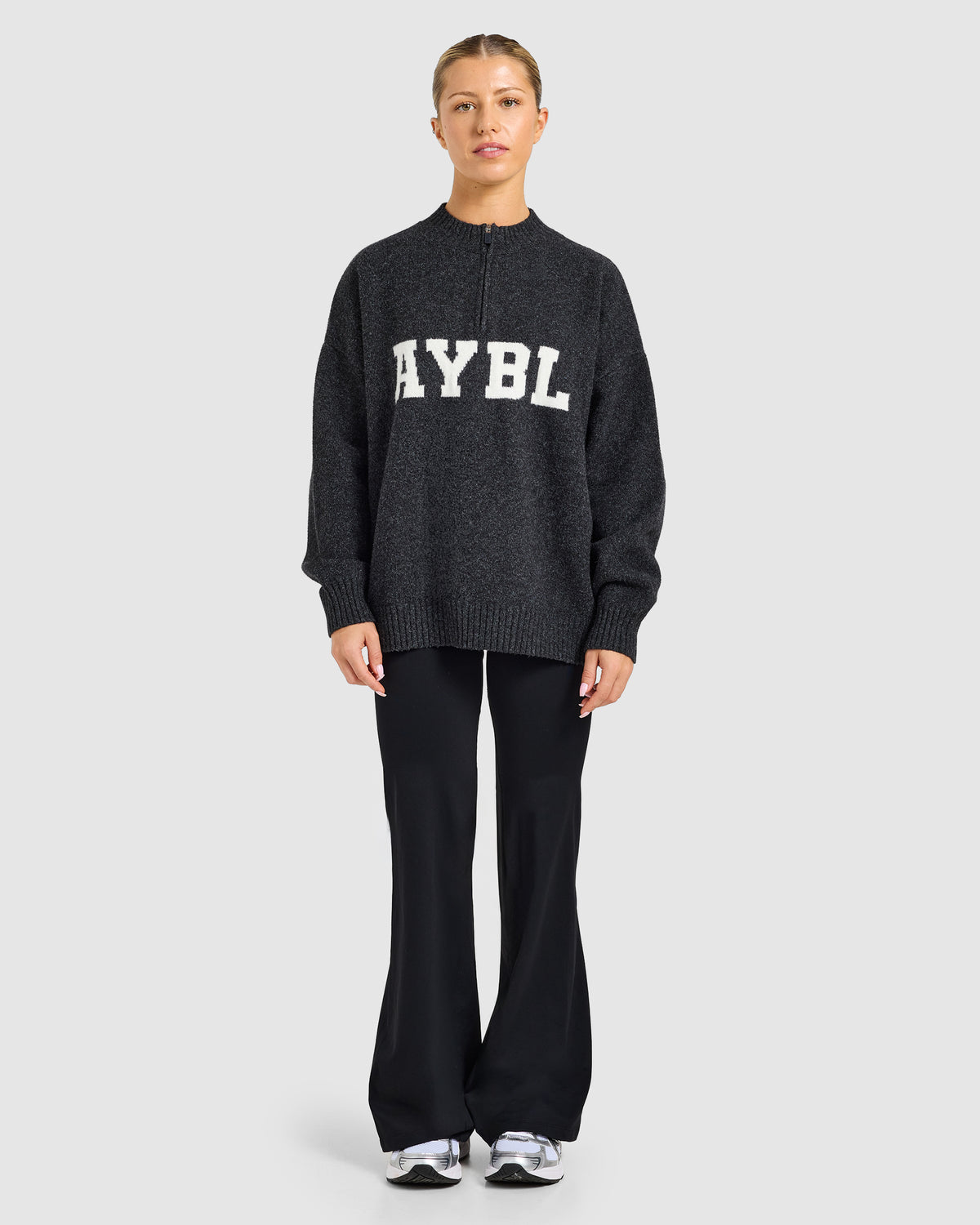 Varsity Oversized Knitted 1/4 Zip Pullover - Charcoal