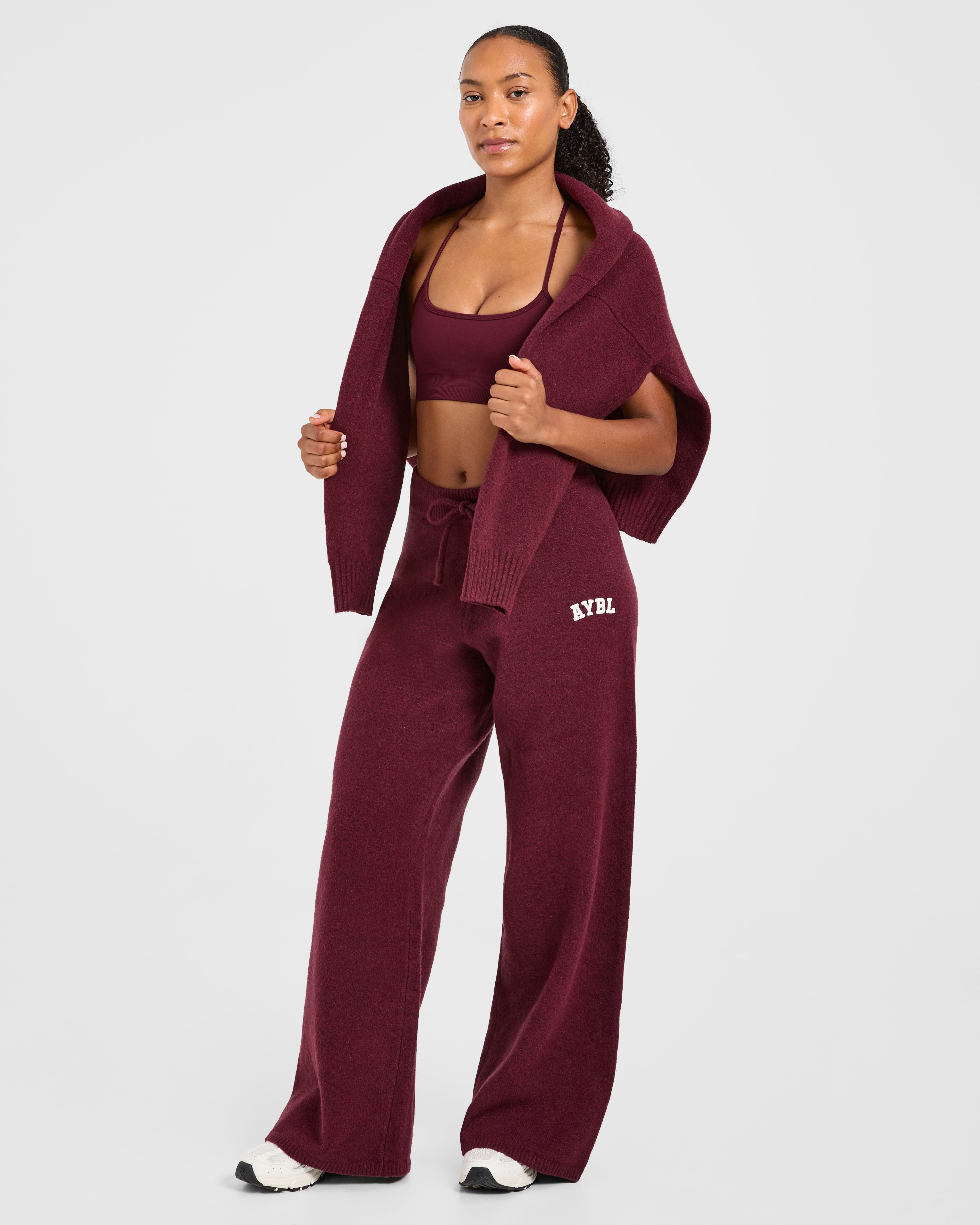 Varsity Oversized Knitted Joggers - Burgundy