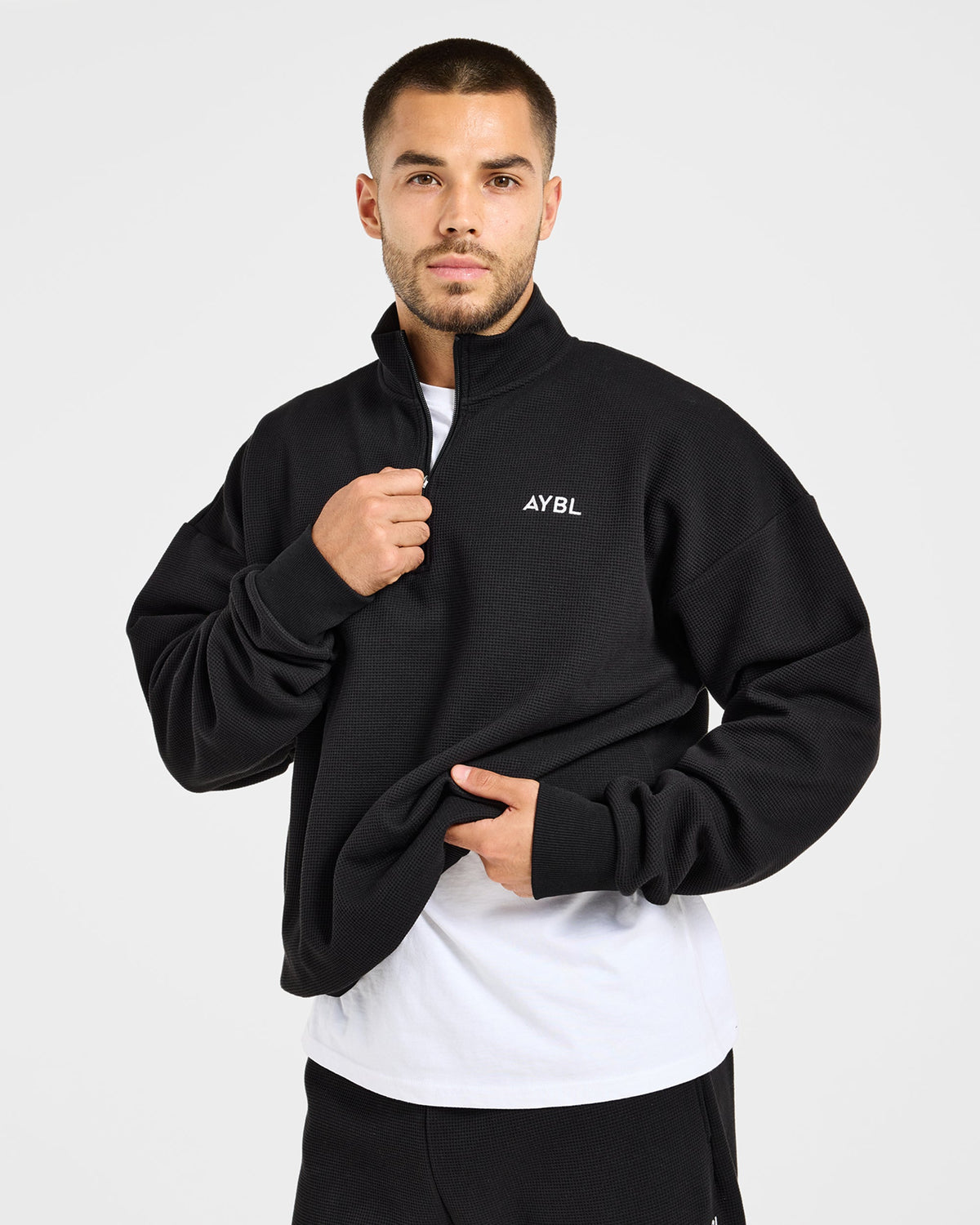 Waffle Oversized 1/4 Zip Pullover - Black