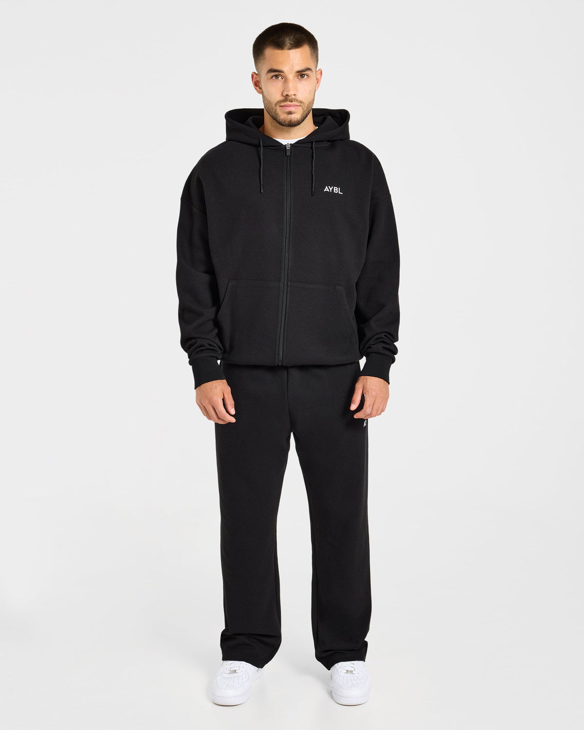 Waffle Oversized Full Zip Hoodie - Black