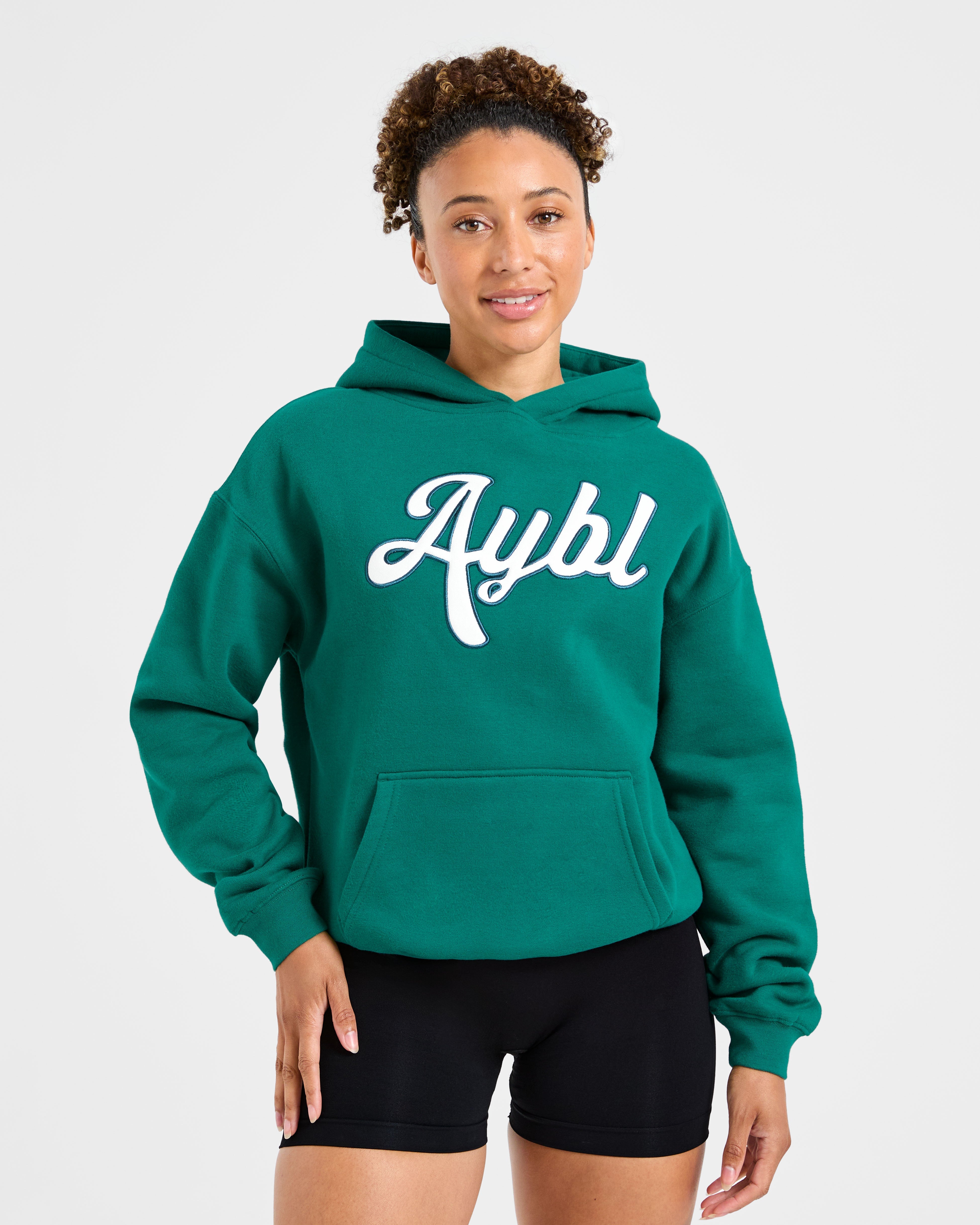 Script Embroidered Oversized Hoodie - Sports Green
