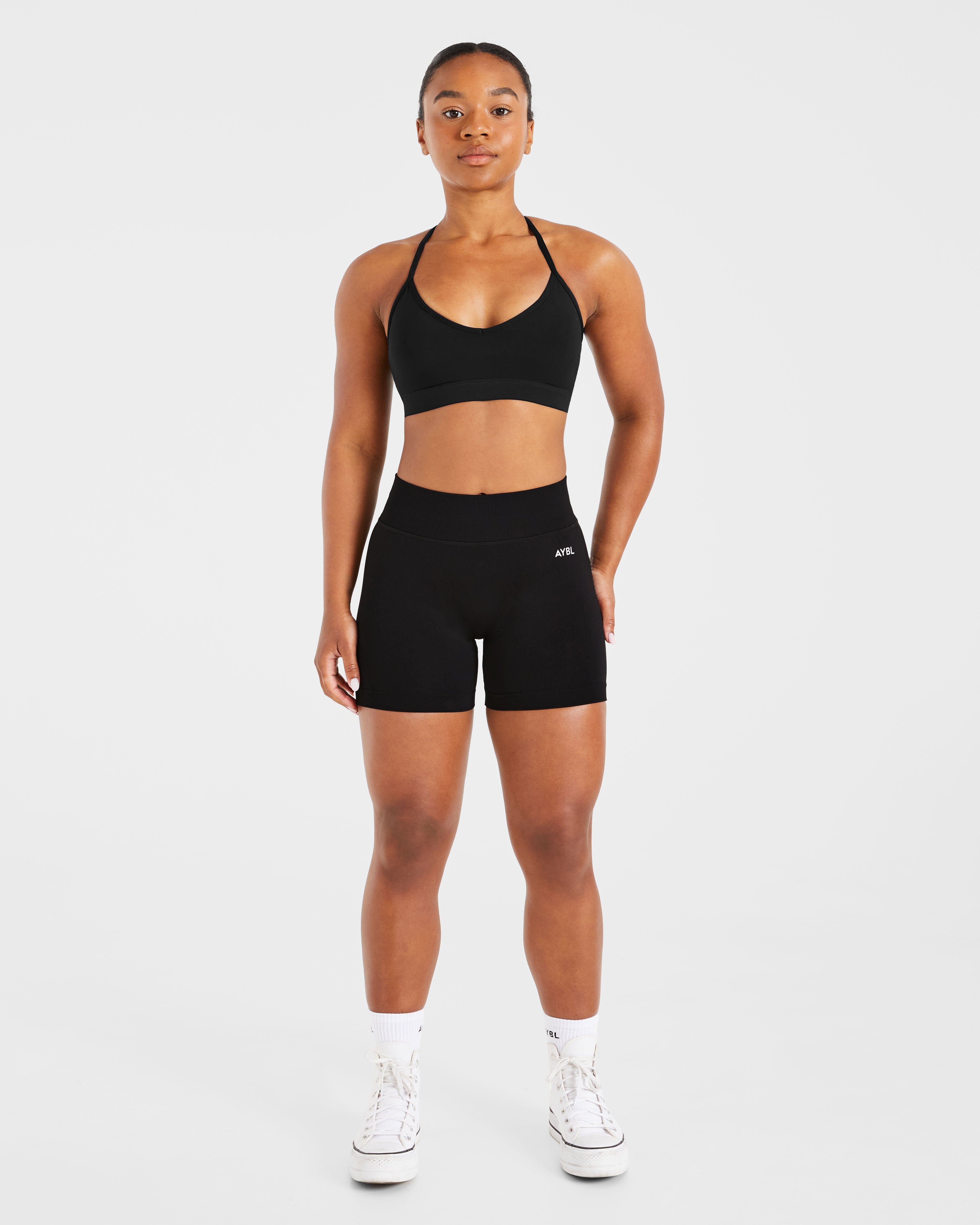 Essential V Neck Strappy Sports Bra - Black
