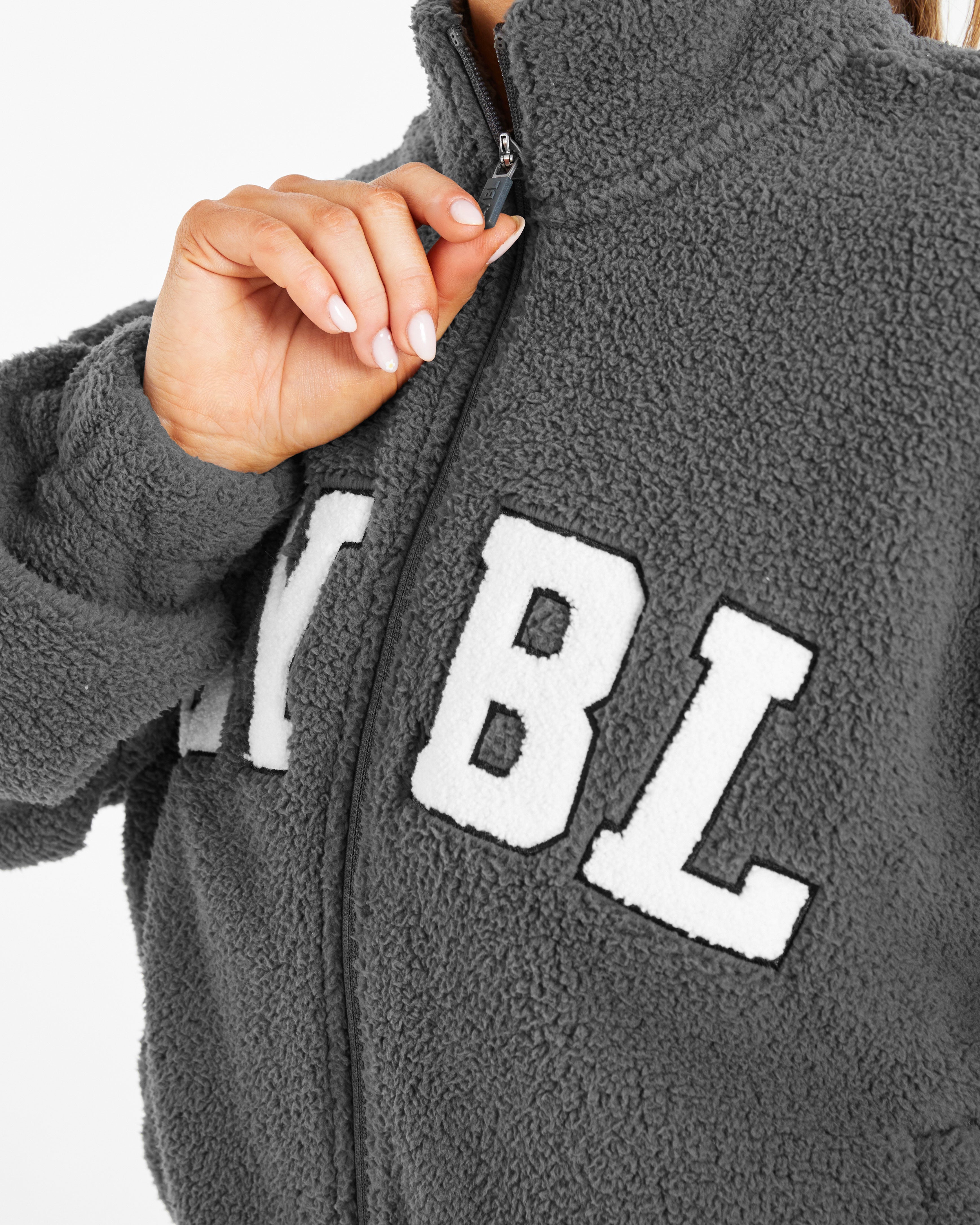 Varsity Oversized Fleece Zip Up Jacket - Charcoal