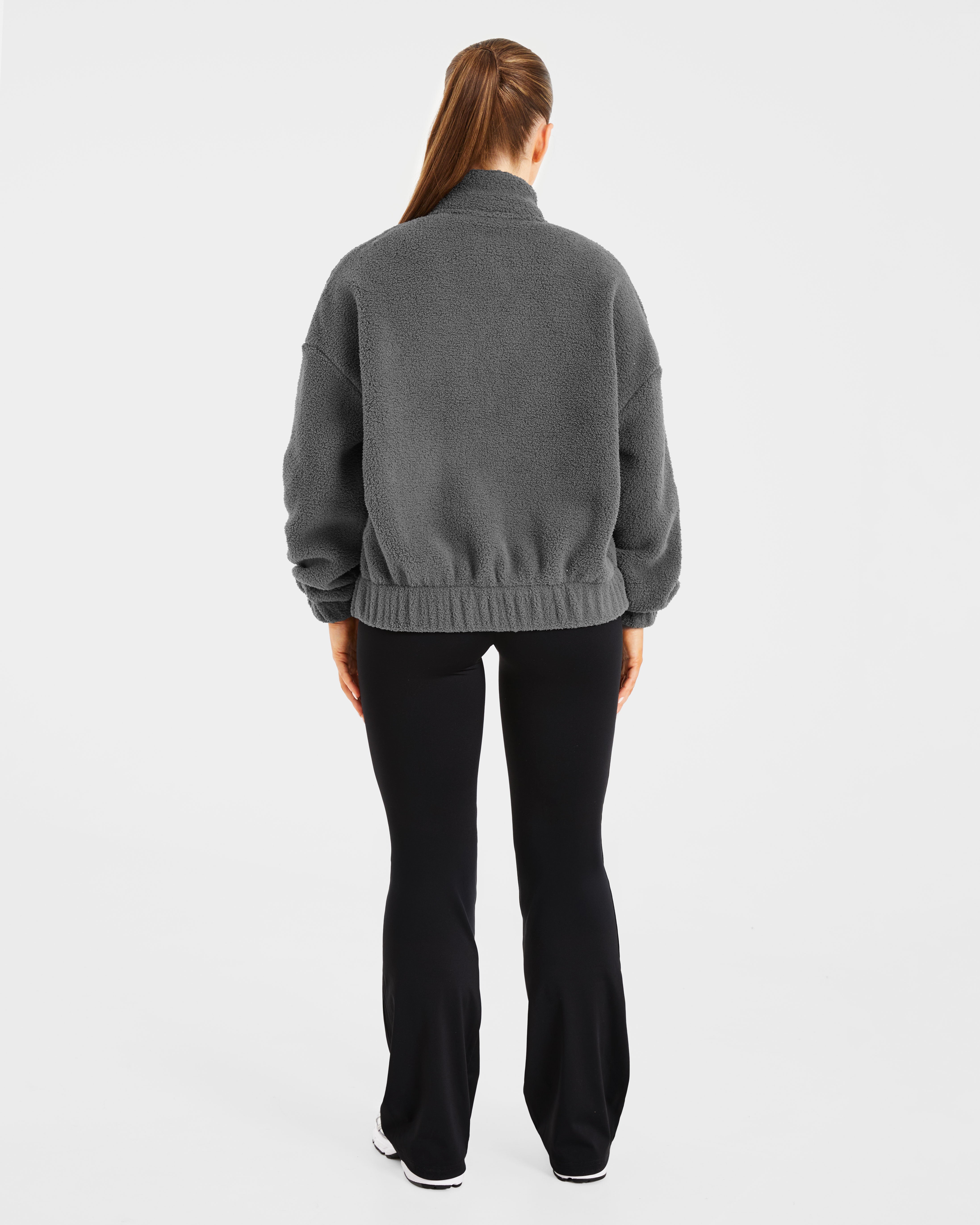 Varsity Oversized Fleece Zip Up Jacket - Charcoal