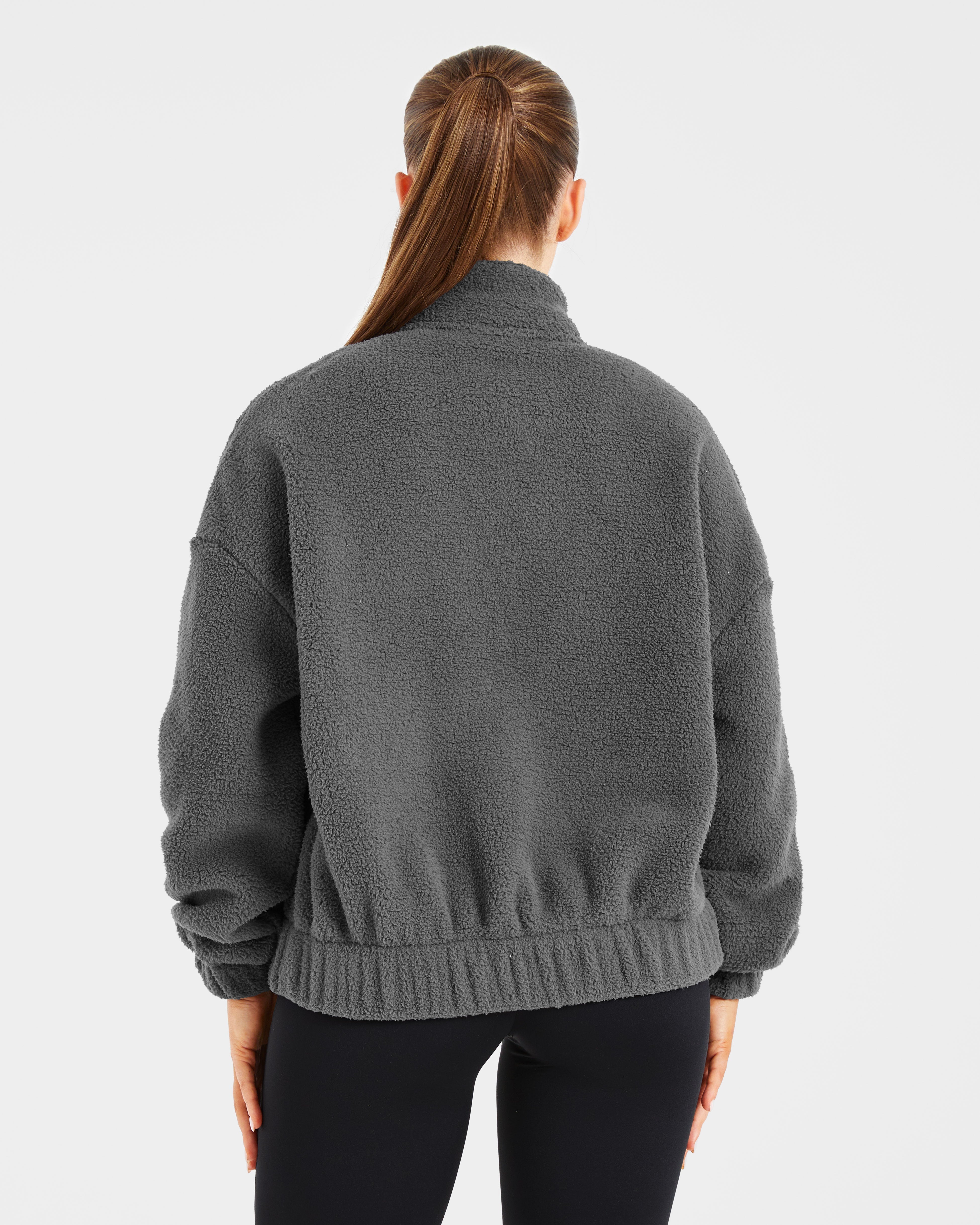Varsity Oversized Fleece Zip Up Jacket - Charcoal