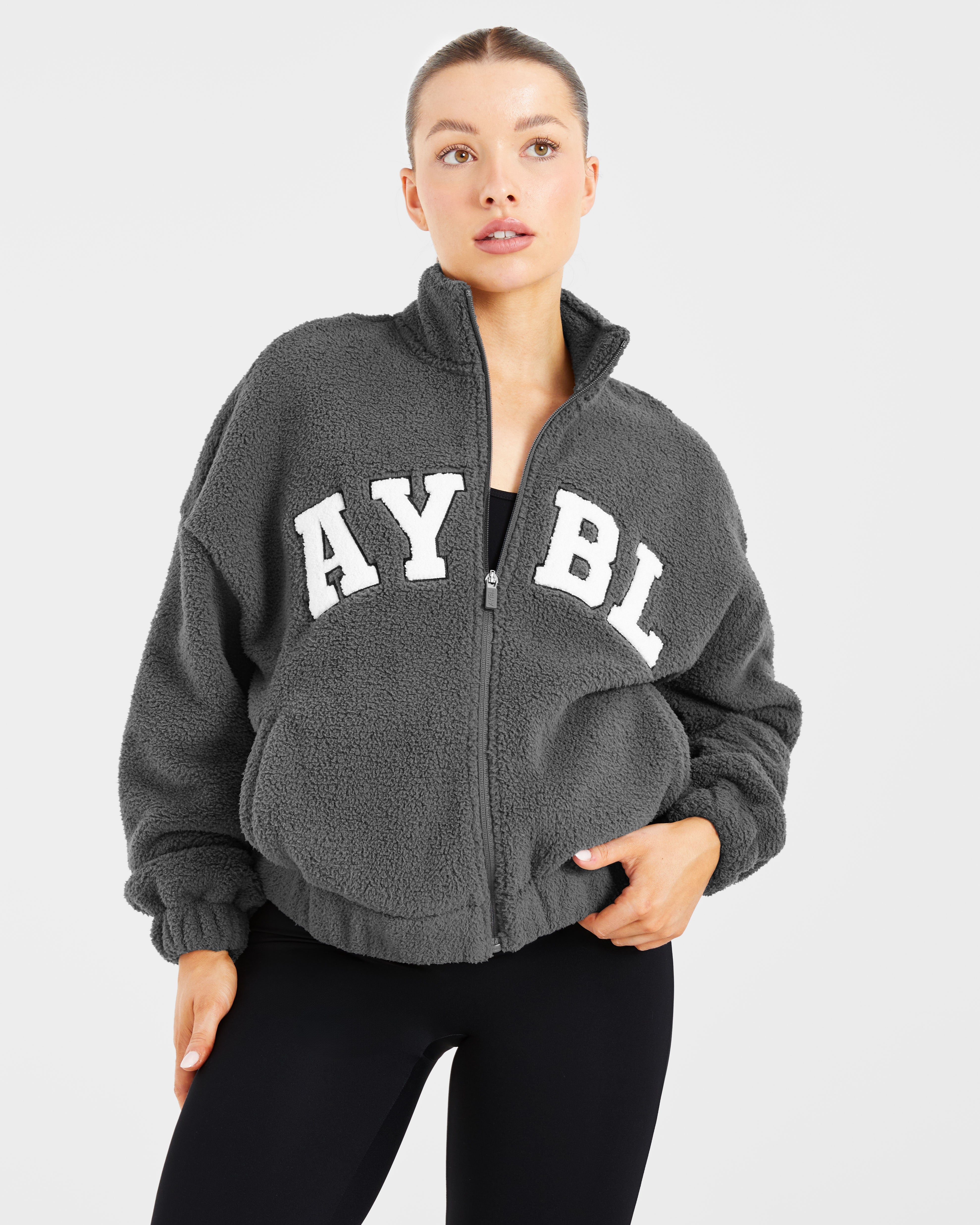 Varsity Oversized Fleece Zip Up Jacket - Charcoal